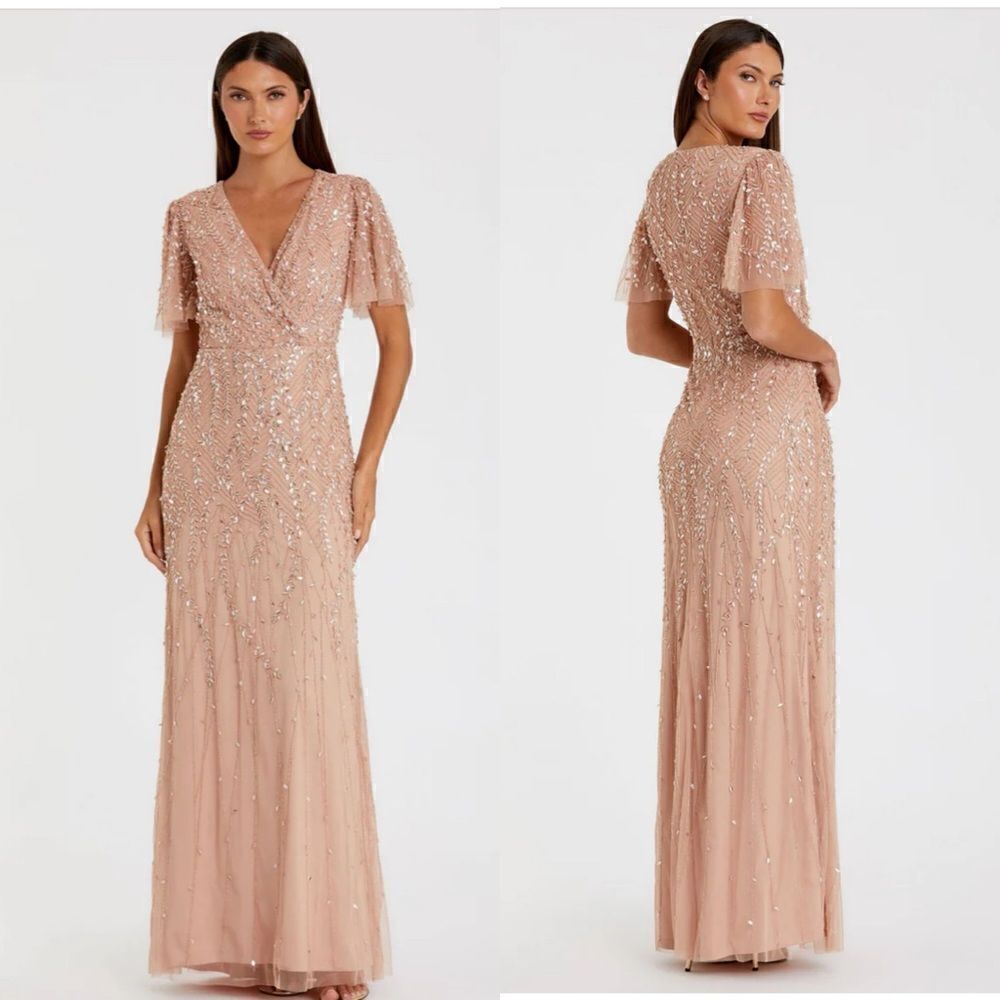 Mac Duggal #35109 Pink gown beaded blush flutter sleeve maxi dress $698 wedding